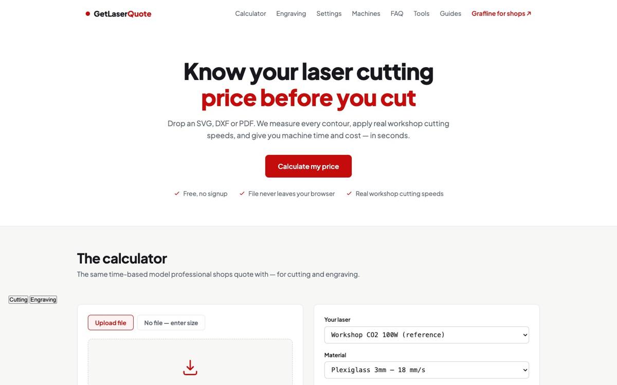 Screenshot of the GetLaserQuote laser cutting cost calculator.
