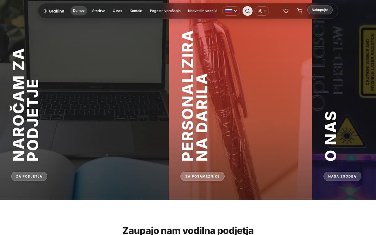 Screenshot of the grafline.eu promotional products store homepage.
