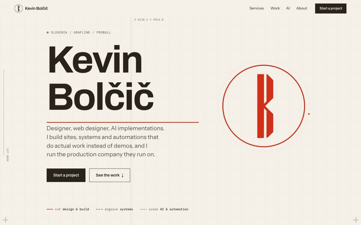 Screenshot of kevinbolcic.si with the laser-drawn KB monogram in the hero.